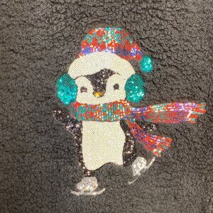 Sherpa Teddy Fleece Sweatshirt Penguin Sequin Black Cozy Winter Wear Holiday XL